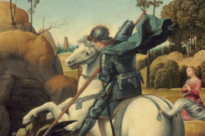 Locandina con cavaliere su cavallo bianco