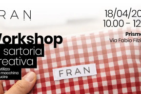 Foto presentazione di workshop di sartoria creativa con macchina da cucire con informazioni rilevanti